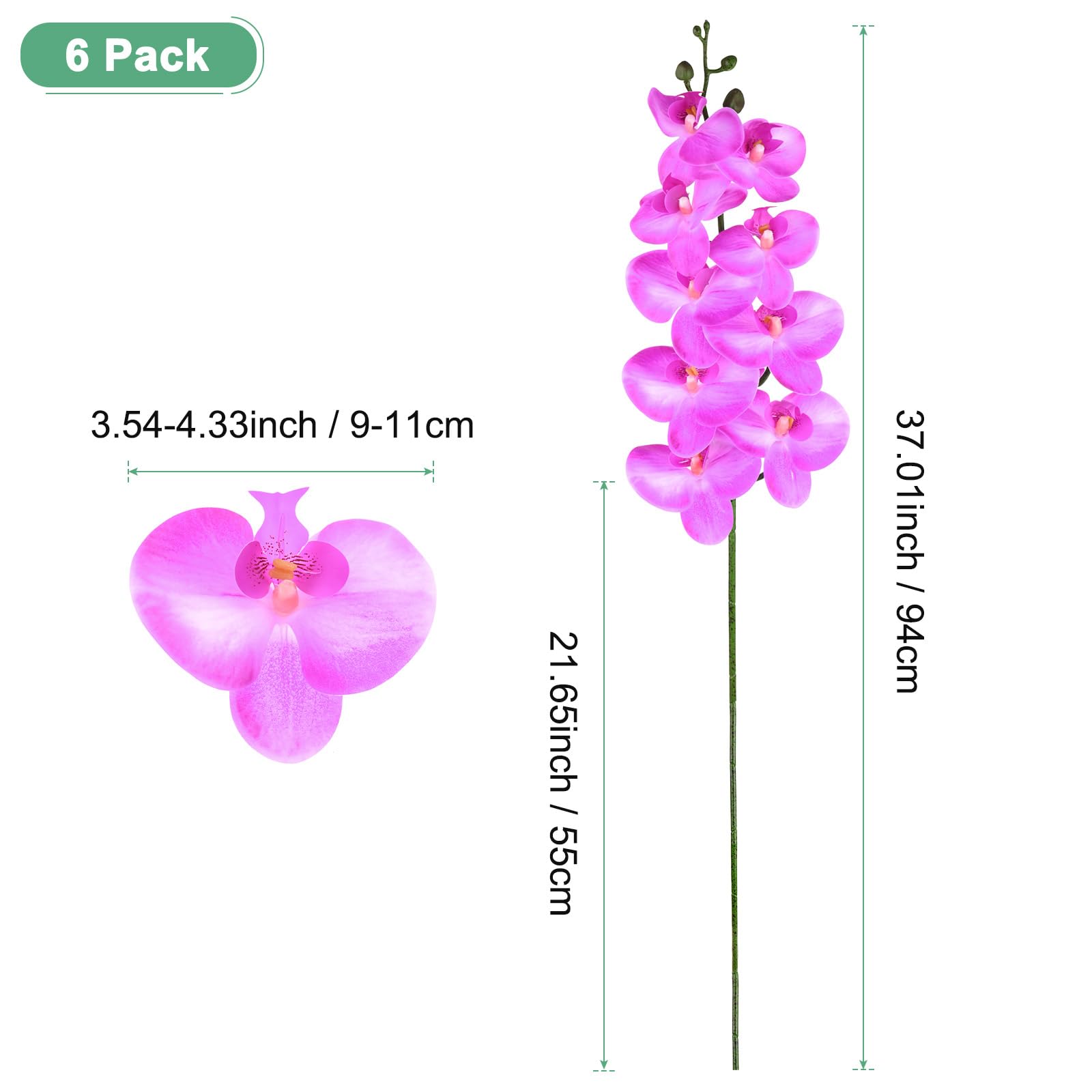 M METERXITY 6er-Pack Künstliche Orchideenblumen 9 große Blüten 94 cm Lila | Phalaenopsis Seidensträuße, Fake Orchideen, Real Touch, für Zuhause/Hochzeit/Weihnachten/Party/Garten/Büro