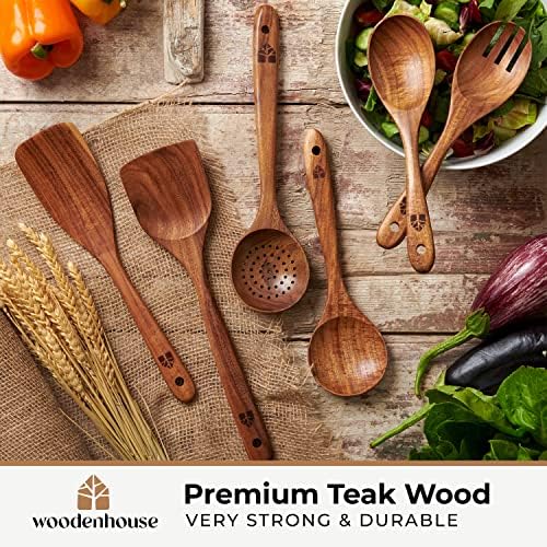 Wooden Spoons for Cooking, 6 Pcs Teak Kitchen Utensil Set, Comfort Grip - 1
