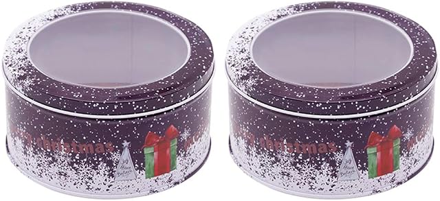 Cabilock 2Pcs Christmas Cookie Boxes Round Candy Boxes with Window Display Storage Box for Christmas Table Decoration, Xmas Theme Tin