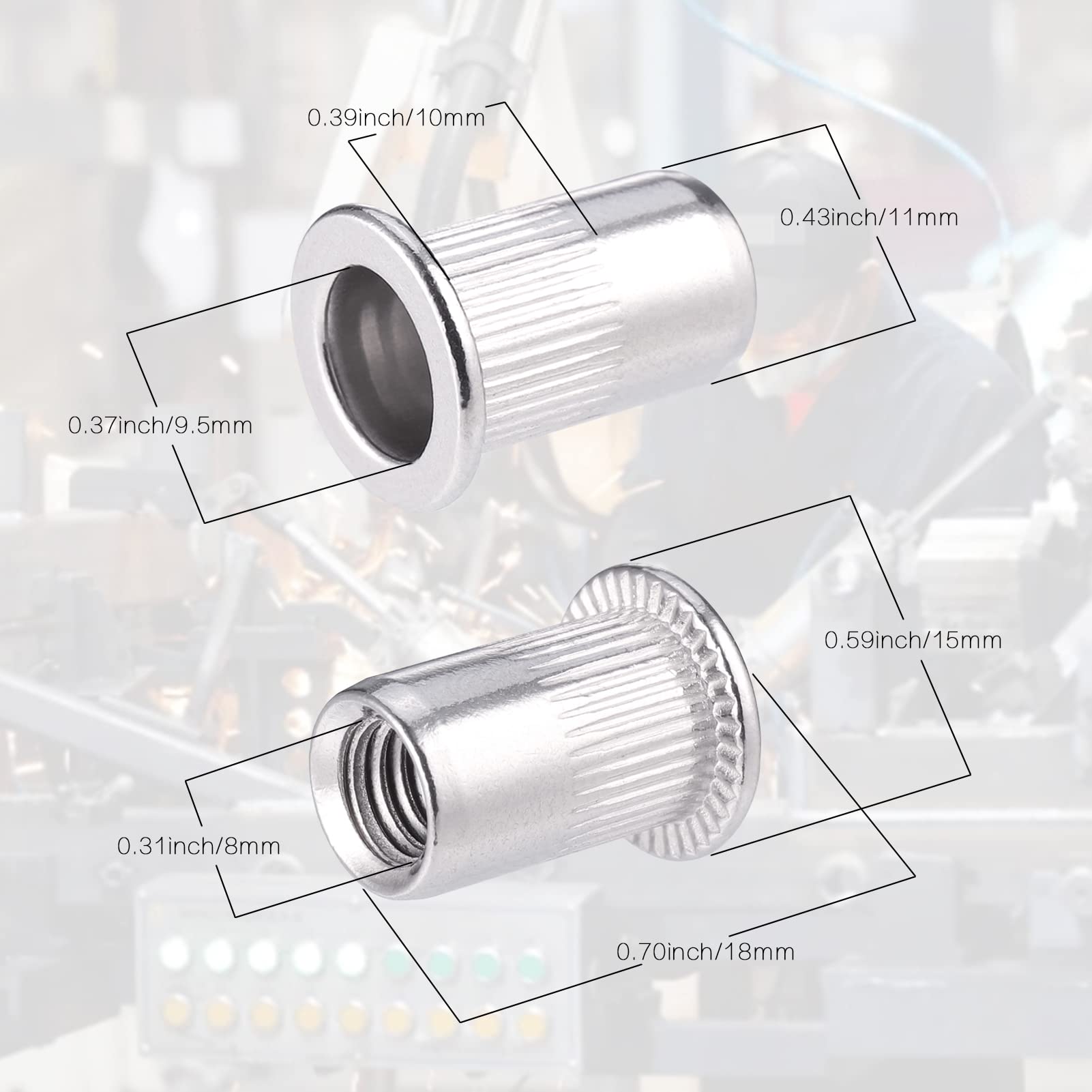 Hejo 60 Pezzi 304 Rivetti Filettati M8 Acciaio Inossidabile Dado a Rivetto Rivetto Filettato M8 con strisce verticali