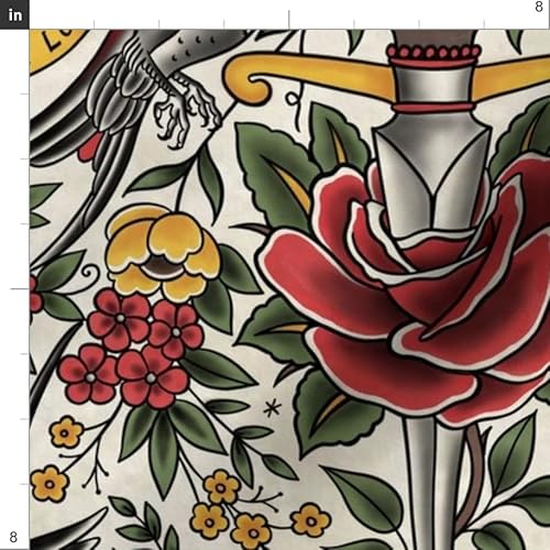 Spoonflower FI-F86-D13889476-FQ Fabric - Vintage Tattoo Traditional Old School Floral Printed thumb #2