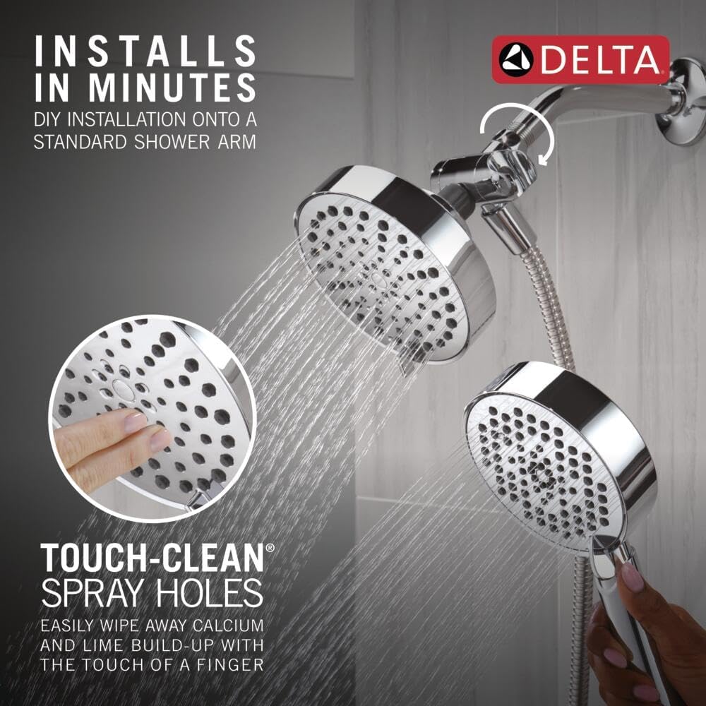 Delta Round 2-in-1 Dual Shower Head with 4-Setting HandHeld Spray, Chrome Detachable Double Shower Head with Hose, Showerhead, 1.75 GPM Flow Rate, Chrome 75756