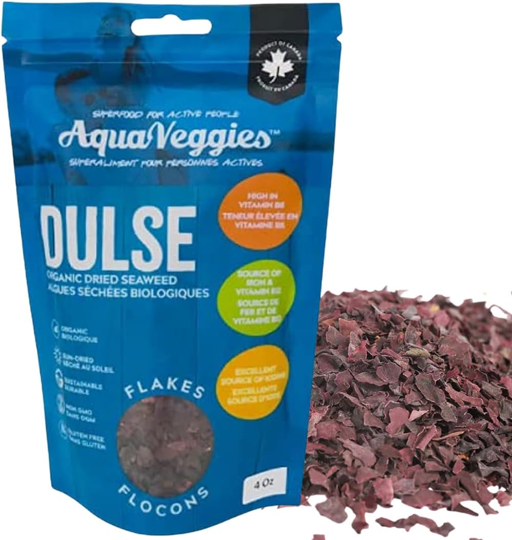 Organic Atlantic Dulse Flakes 4 Oz , Hand-Harvested, Sun-Dried Bay of Fundy, Excellent Source of Vitamins B6, B12, Iron, Iodine, Protein, Calcium and Fibre 4 Ounce