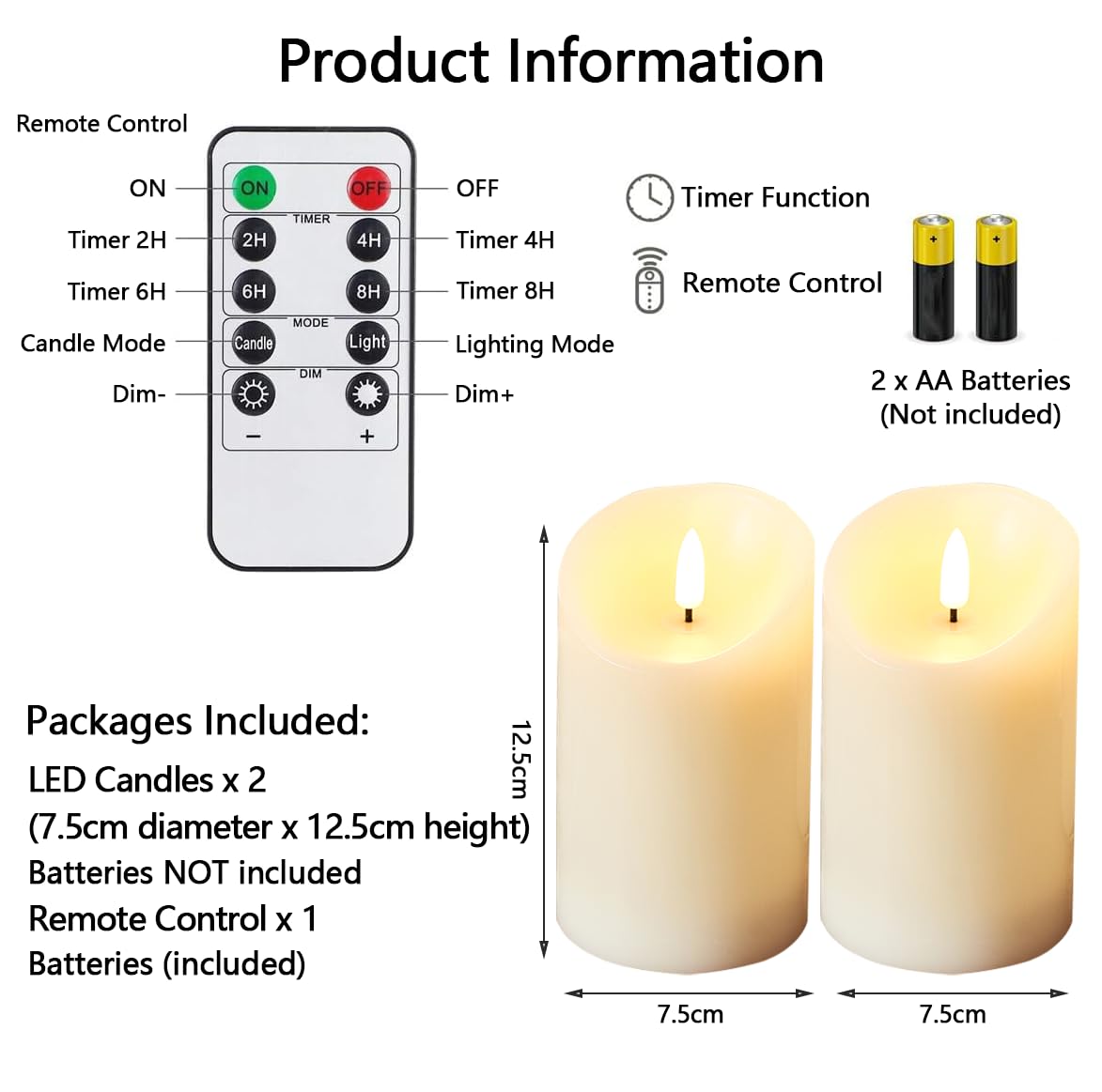 FiiMoo Oplaadbare Vlamloze LED Kaarsen met Afstandsbediening - Batterijgevoed met Timerfunctie, Batterijkaars met USB-kabel, Echte Was ( Ivoor, 15cm