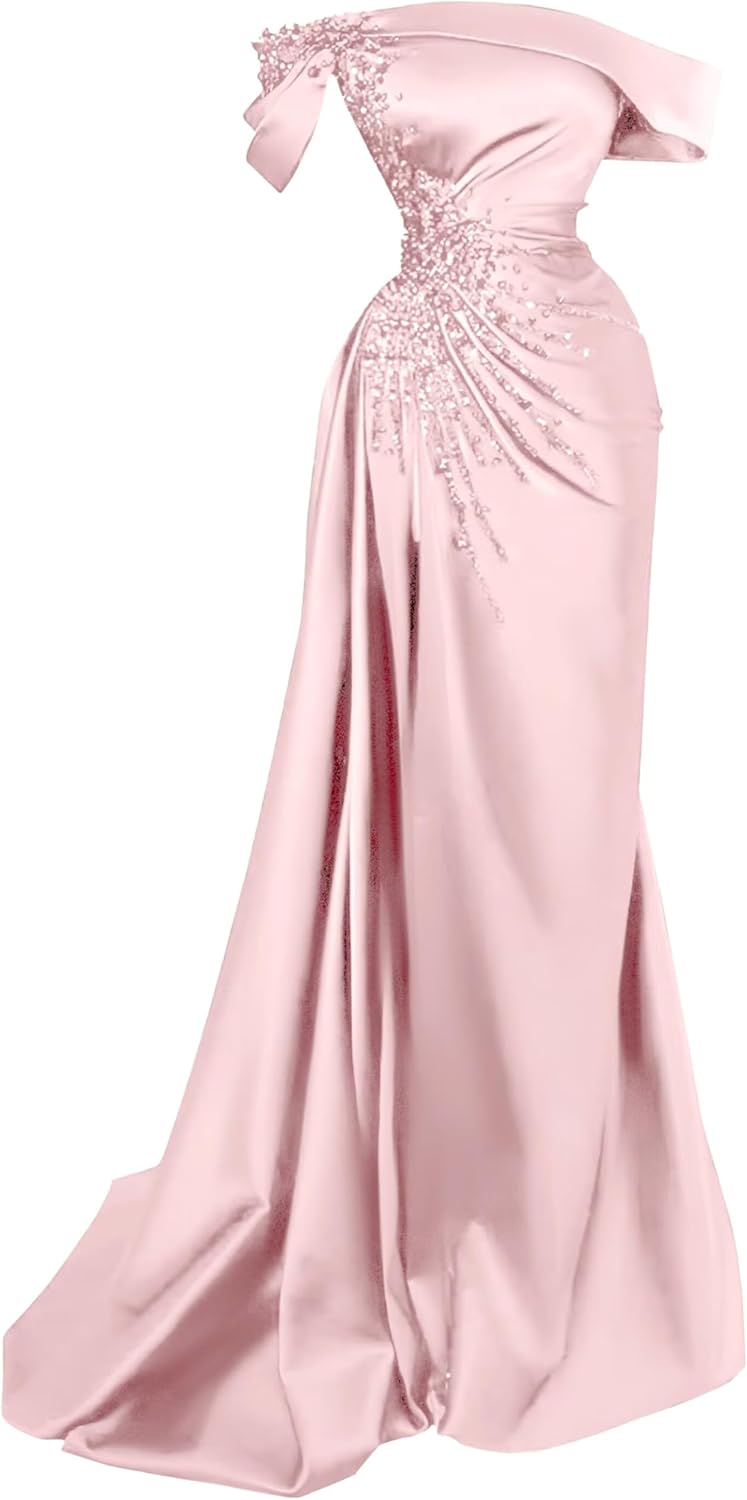 Dexinyuan Mermaid Beaded Prom Dresses Satin Bridesmaid Dresses Long Slit Off-Shoulder Formal Evening Gowns for Women 2026