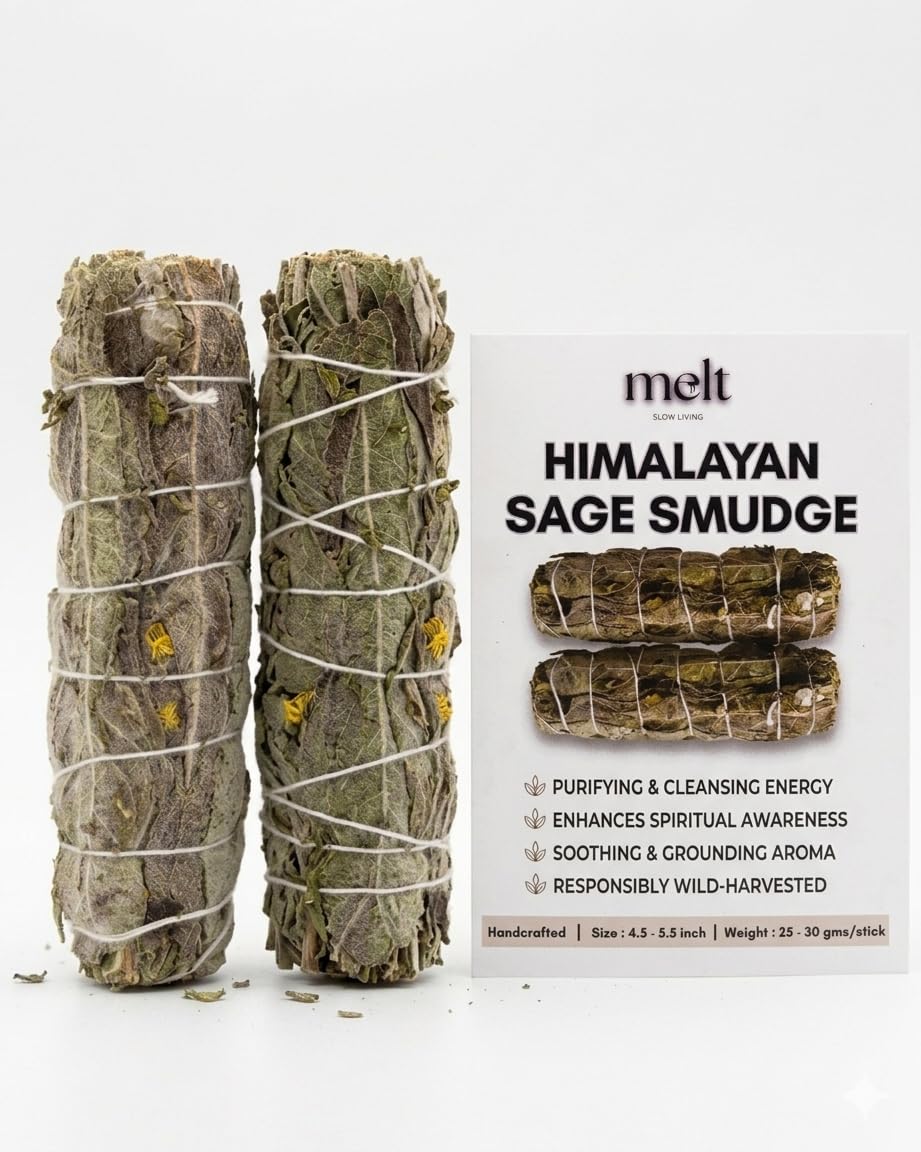 Melt Himalayan Sage Smudge Sticks Pack of 2 | Natural White Sage for Energy Cleansing, Meditation, Vastu & Home Purification | Handcrafted Smudge Bundles (4.5–5.5 Inch)-image-7