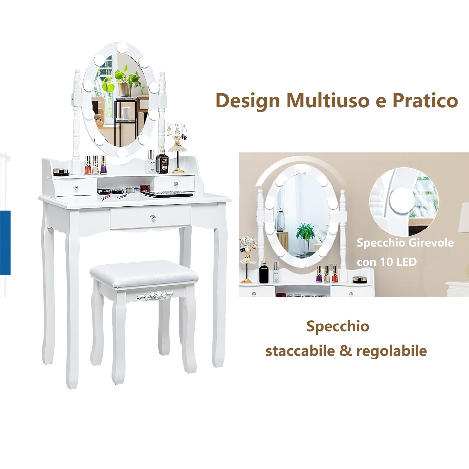 GYMAX Toeletta da Trucco, Illuminata con 10 Lampadine di LED, 3 Cassetti per Cosmetici, Specchiera Staccabile, Sgabello in Spugna, Set Mobile da Camera, Moderno ed Elegante, 75x40x143,5 cm, Bianco