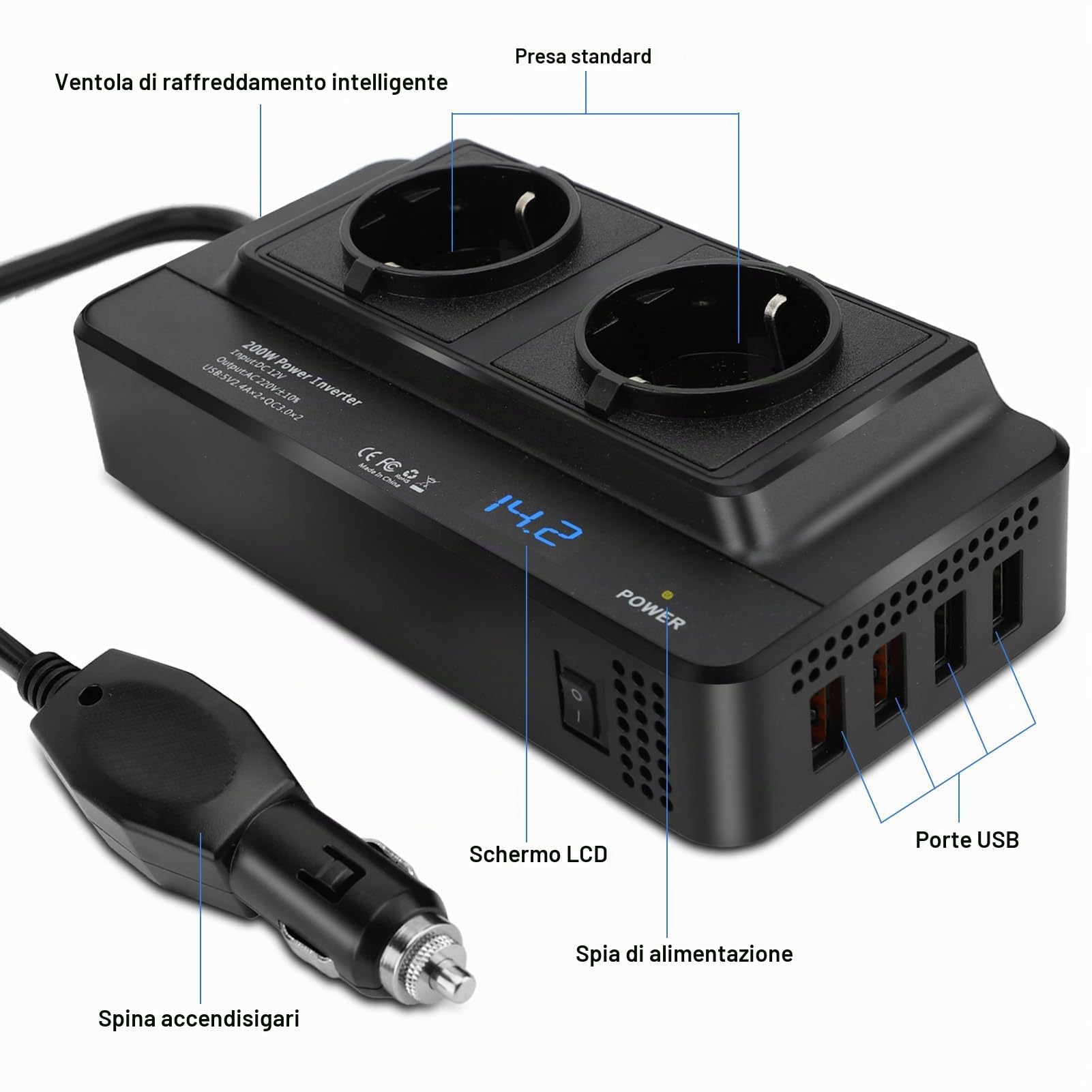 200w Inverter 12v 220v Convertitore di Alimentazione per Auto con 4 Porte