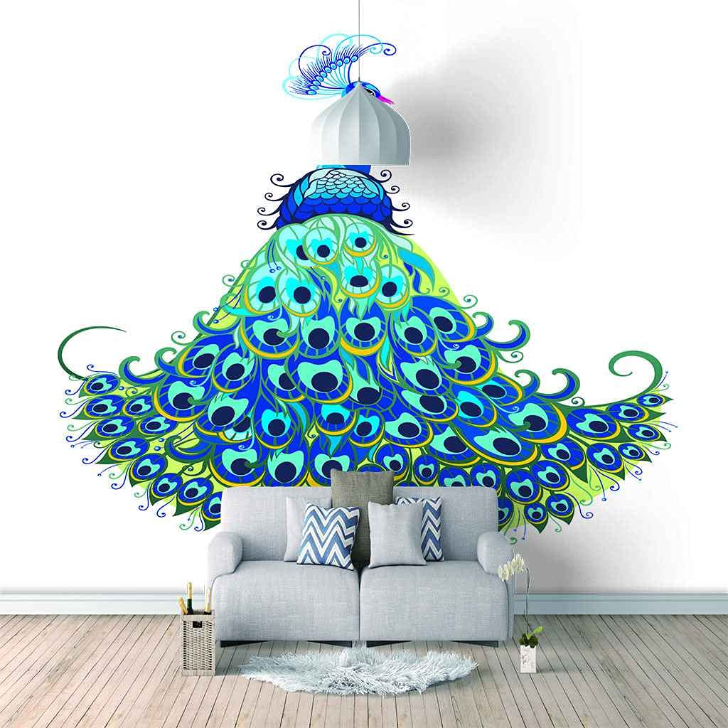 Papier peint panoramique paon bleu pour fond de TV et décoration salon