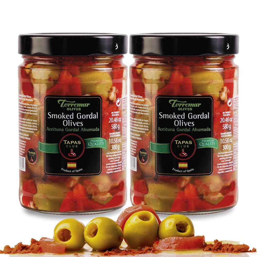 Torremar. Spanish Smoked Gordal Queen Olives. 580g (20.46oz). Pack of 2.