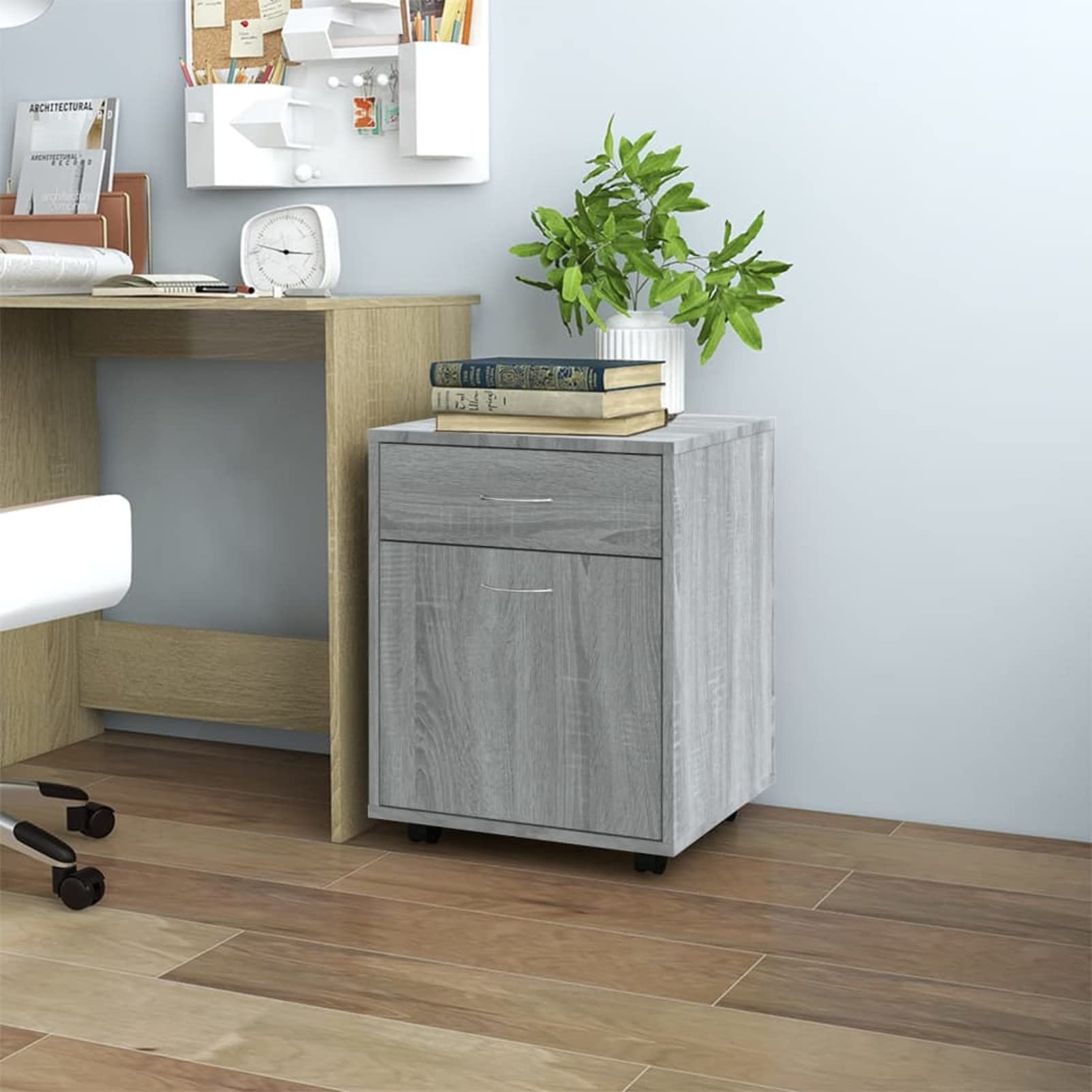 Armadietto con Ruote Grigio Sonoma 45x38x54cm Legno Multistrato,Carrello Porta Stampante,Mobiletto con Ruote,Supporto per Stampante in Legno,Classificatore per Documenti per Studio,Ufficio