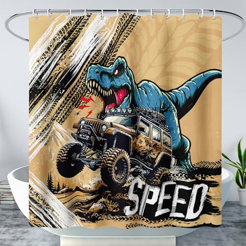AILONEN Cartoon Monster Trucks Shower Curtain,Roaring Dinosaurs Shower Curtain Set for Kids Boys,Extreme Sports Trucks Shower Curtain for Bathroom with Hooks,60
