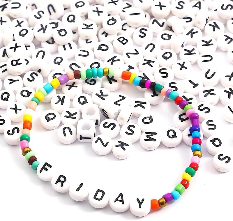 Miniatura 2 de CYEENUT - 200 cuentas de letras redondas, cuentas de letras pequeñas, acrílico blanco y negro, para hacer joyas, cuentas del alfabeto (F)