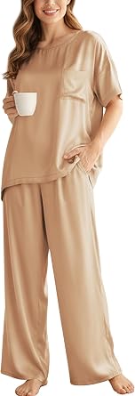 Womens Silk Satin Pajama Sets 2 Piece Short Sleeve with Long Pajama Pant Silky Sleepwear Lounge Set