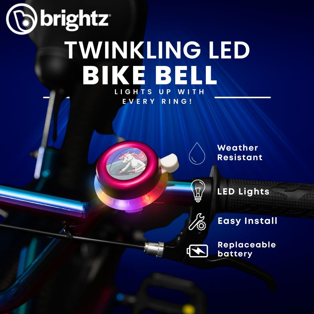 Brightz SpaceBrightz LED Light Up Bike Bell for Kids - Pink Unicorn Bicycle Bell with Twinkling Multicolor Lights, Rings & Glows - Weather Resistant Handlebar Bell for Girls, Ages 5+