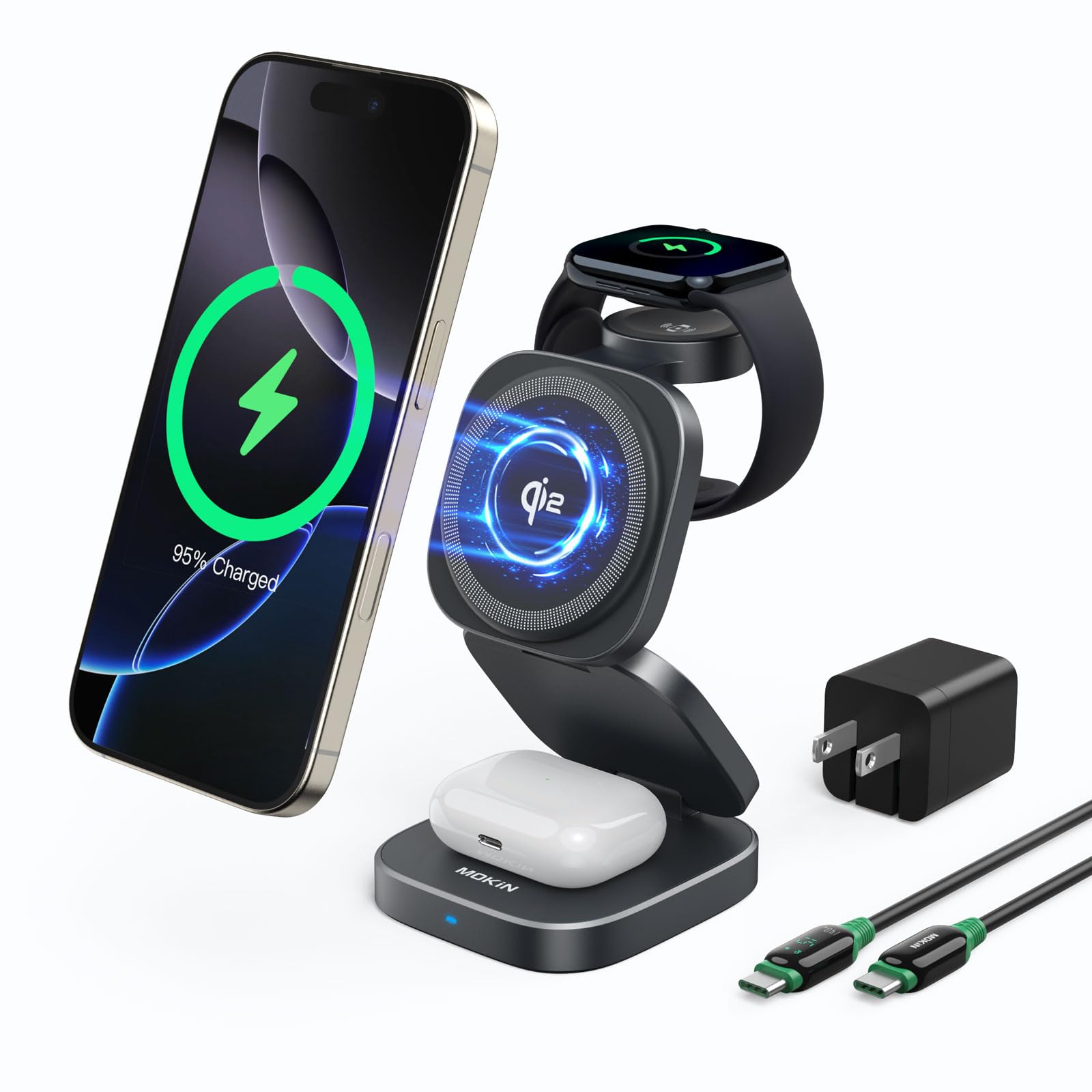 Chargeur sans fil 3 en 1 pour MagSafe Qi2, station de charge rapide 15 W, support magnétique pliable, chargeurs de voyage pour plusieurs appareils, iPhone 16 15 14 13 12, Apple Watch, AirPods (avec