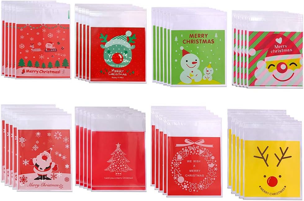 200 Pieces Christmas Cookie Bags Cellophane Treat Bags Snowflake Clear Candy Bag Gifts Goodies Bags with Self Adhesive Seal (4 by 4 Inch)
