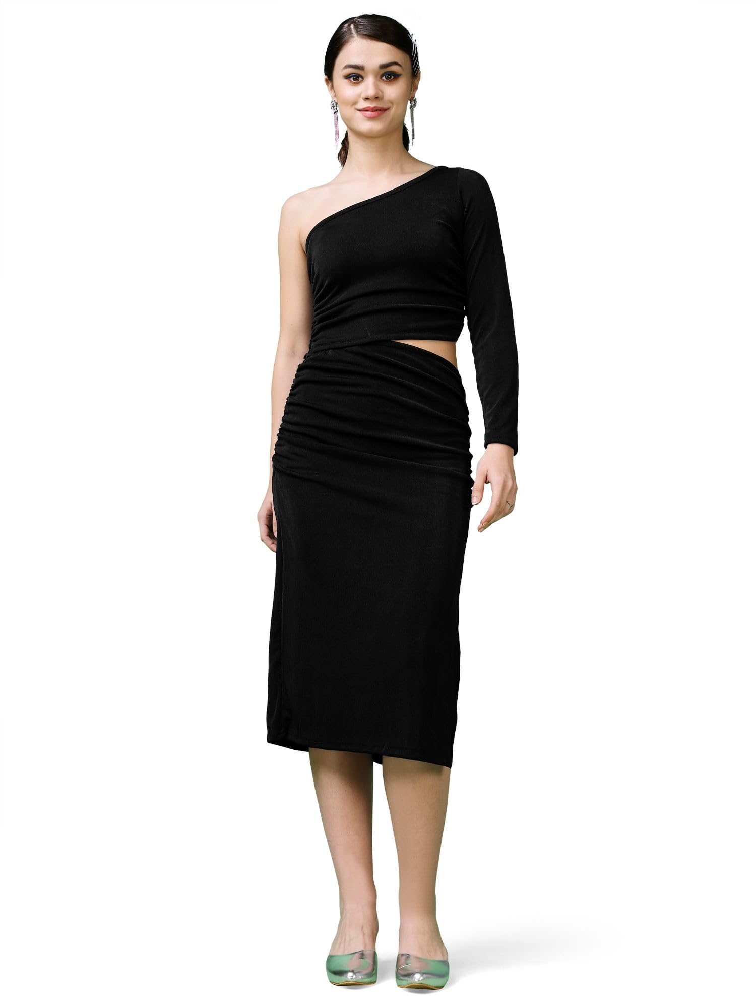 Purvaja Womens One Sholder Below Knee Length Dress (Shine-073-Black_Black_Medium)