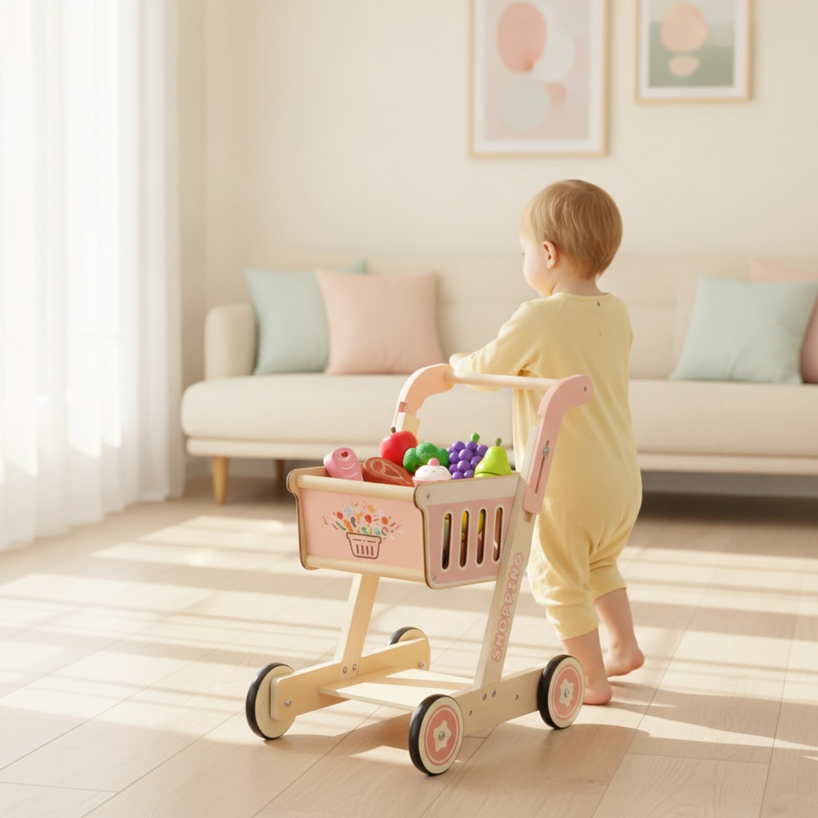 Sharplace Kinder Einkaufswagen Holz Spielwagen Kinder Einkaufs Spielzeug mit Justierbarer Griffhöhe 495cm Bis 57cm Rechteckiger Aufbewahrungskorb Und Unterer