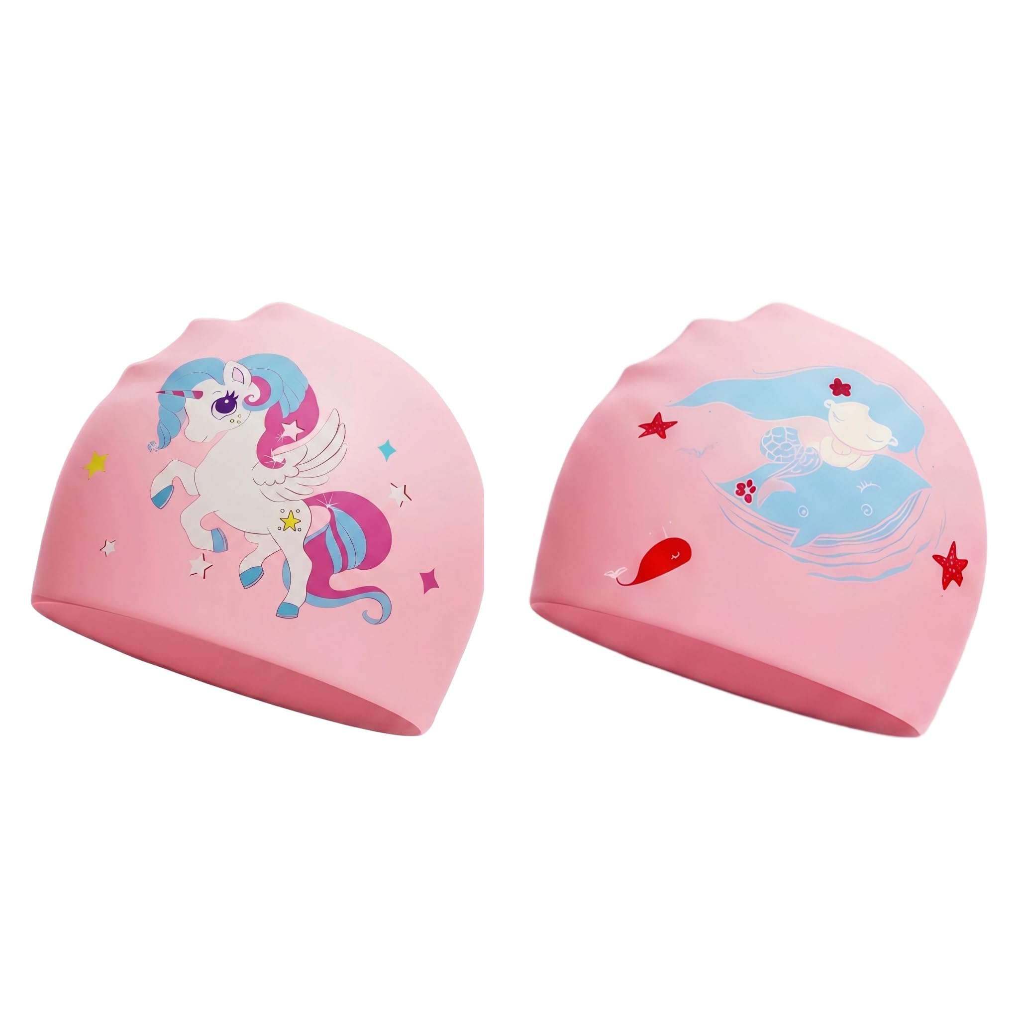 2 Pack Swimming Cap for Kids Age 6-14, Unicorn & Mermaid Silicone Swimming Hat for Girls, Waterproof Swim Cap Suitable for Short & Long Hair, Ideal for Childrens Swimming Lessons, Pool and Beach