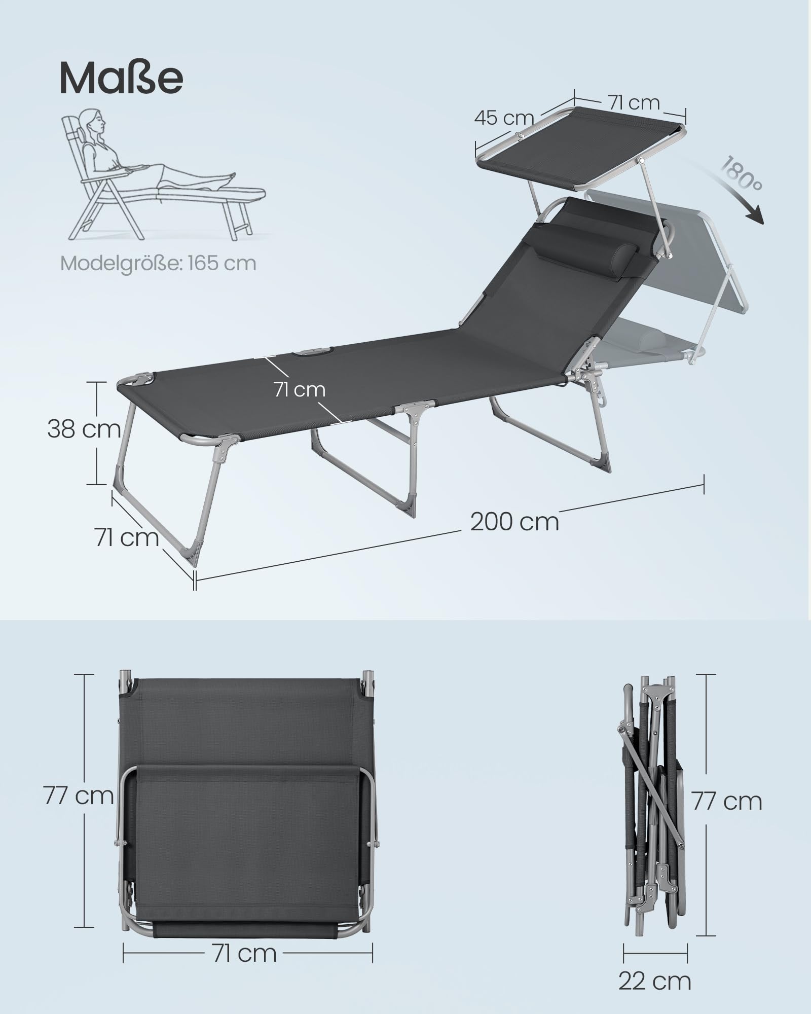 SONGMICS Große Sonnenliege, klappbarer Liegestuhl, 71 x 200 x 38 cm, Belastbarkeit 150 kg, mit Sonnenschutz, Kopfstütze und Verstellbarer Rückenlehne, für Garten Pool Terrasse, anthrazit GCB22GYV2