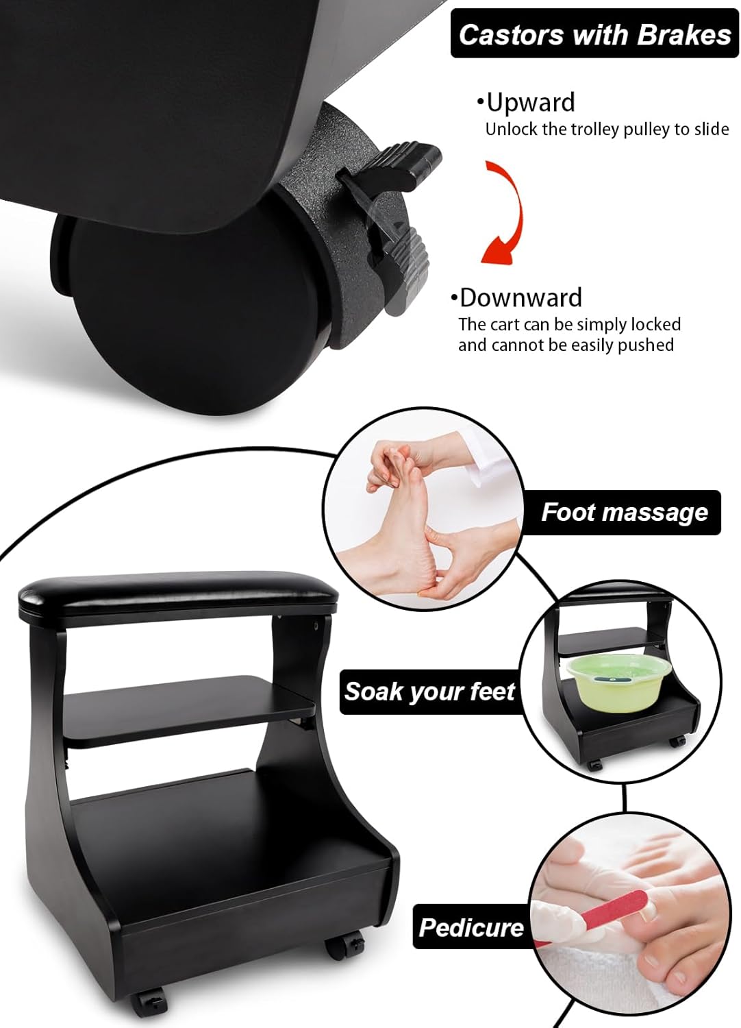 Kalolary Pedicure Foot Rest, Manicure Foot Rest with Wheels PU Leather Home Beauty Footrest Pedicure Foot Stool Stand for Home Salon Use(Black)