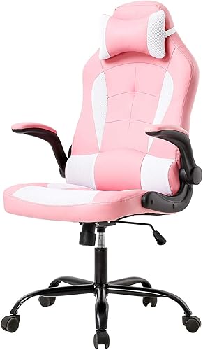 Silla de oficina rosa para juegos, silla ergonómica de respaldo alto para computadora con soporte lumbar y brazos abatibles, silla de escritorio