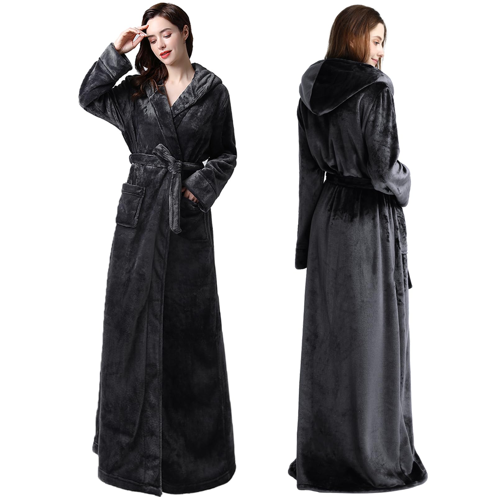 Womens Long Dressing Gown Robe Full Length Ladies Fluffy Plus Size Fleece Hooded Winter Warm Bathrobe