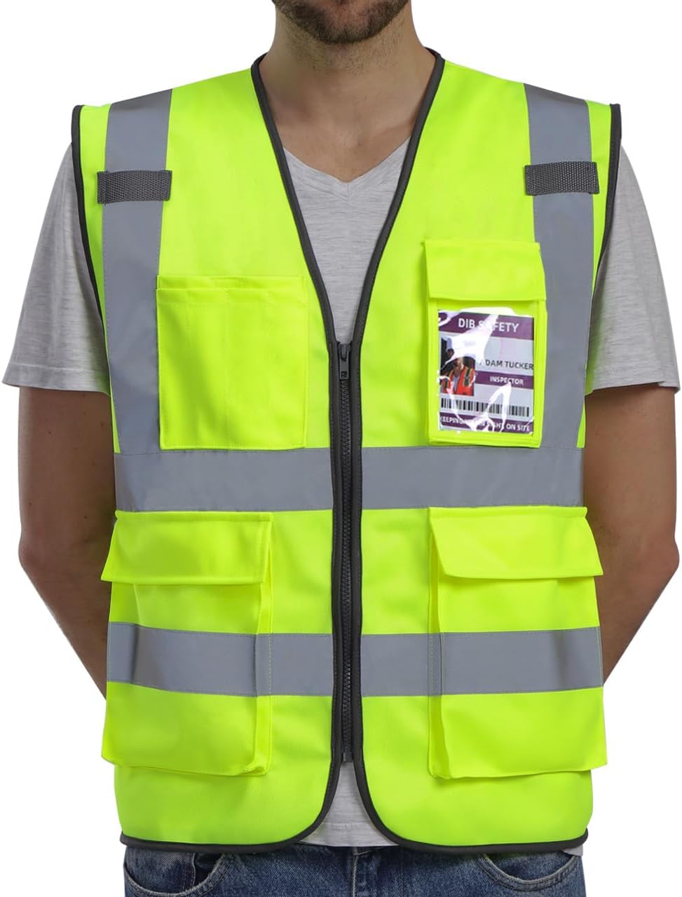 Dib Safety Reflective Vest ANSI Class 2, High Visibility Vest with Pockets and Zipper, Construction Work, Hi Vis