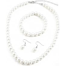Pearl Necklace Bracelet Earrings Set, White Costume Jewelry Set, 4 Pcs