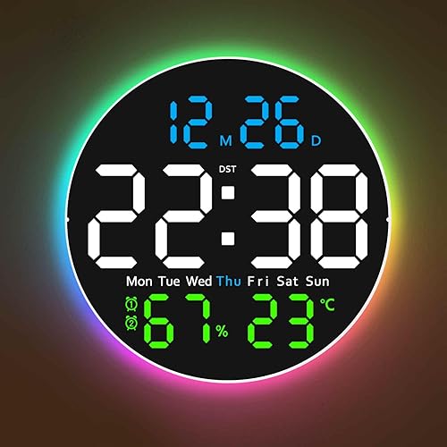Vista 10 de Reloj de pared digital grande de 10 pulgadas con control remoto de 9 colores cambiantes, fecha, semana, temperatura, brillo automático, atenuador