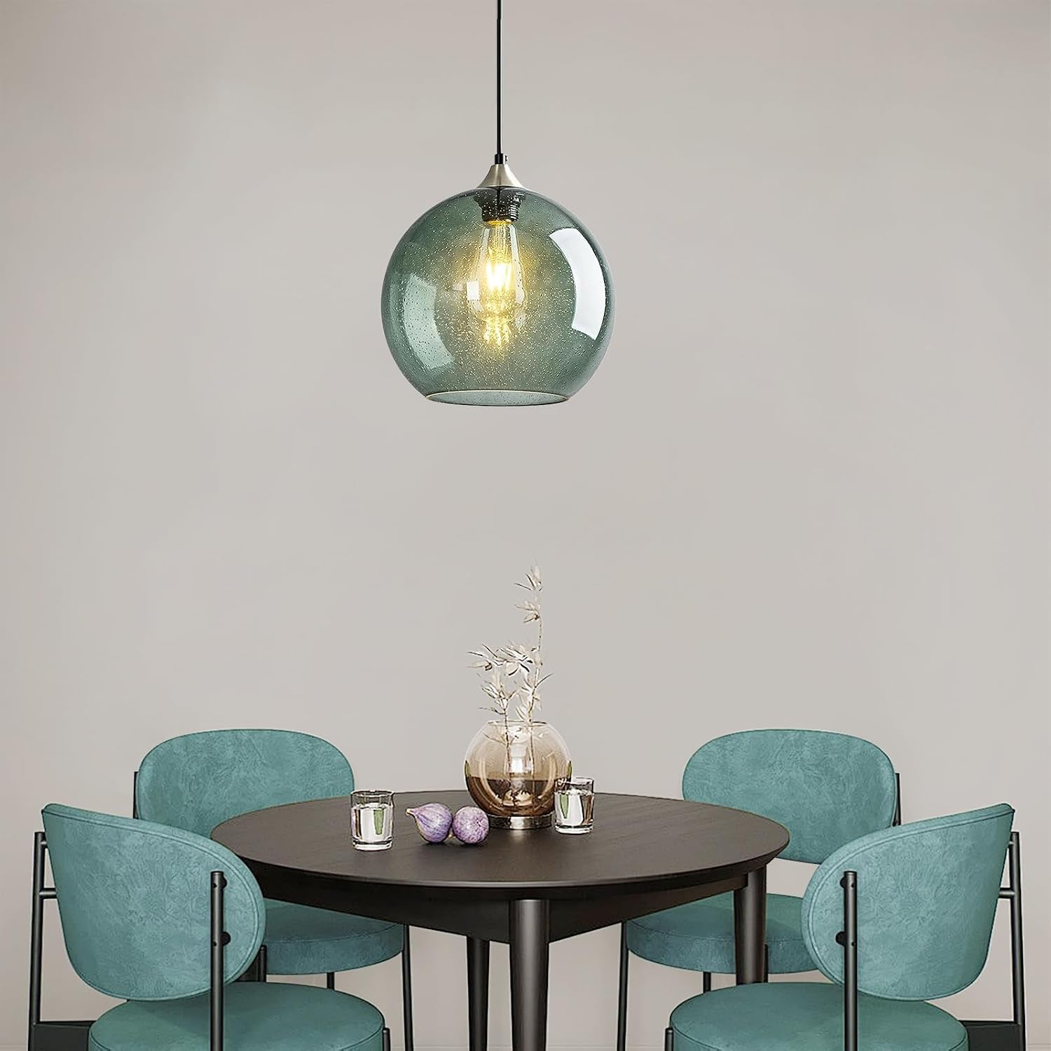 Mikeru Glass Globe Pendant Light Single, 5.9 Inch Gray Green Bubble Glass Hanging Lamp, Mid Century Modern Pendant Lighting for Kitchen Island Dining Room Bedroom (Bulb Not Included)