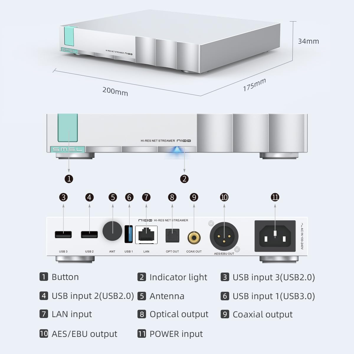 SMSL N100 Hi-Res Streaming-Player, USB 3.0/2.0 × 3 + LAN/WiFi-Multi-Schnittstelle, MQA-Dekodierung, unterstützt TIDAL/QOBUZ/AirPlay/DLNA/ROON, kann direkt an CD-Laufwerk / Festplatte angeschlossen