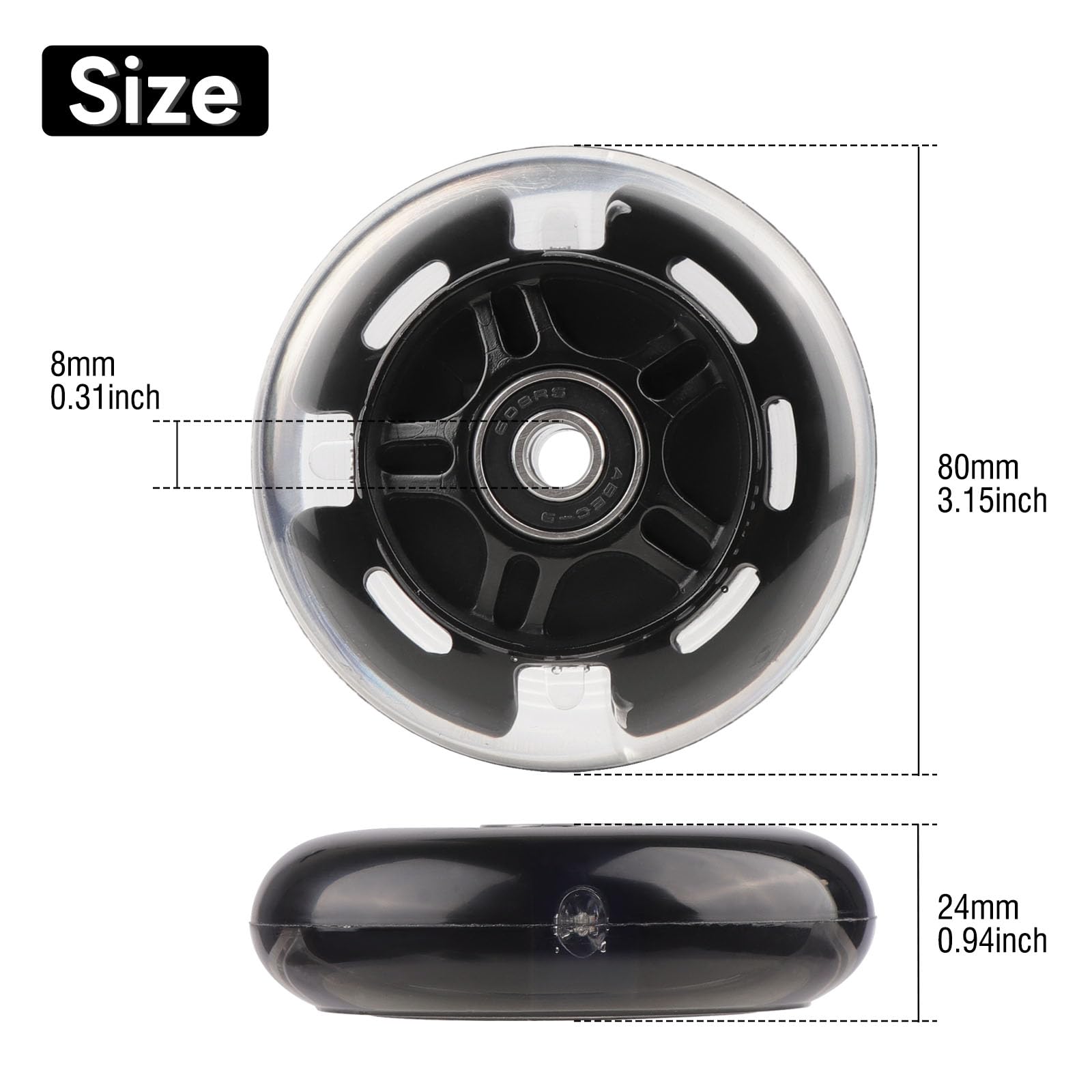 WHEELGOO 4-Pack PU Inline Skate Wheels Flashing Wheels Replacement w/Bushings for Kids Youth Children's Roller Skates (Black, 80mm)
