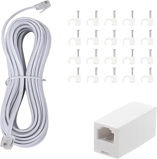 Long Telephone Extension Cord Phone Cable Line Wire, with Standard RJ11 Plug and 1 in-Line Couplers and 20 Cable Clip Holders-White (25feet)