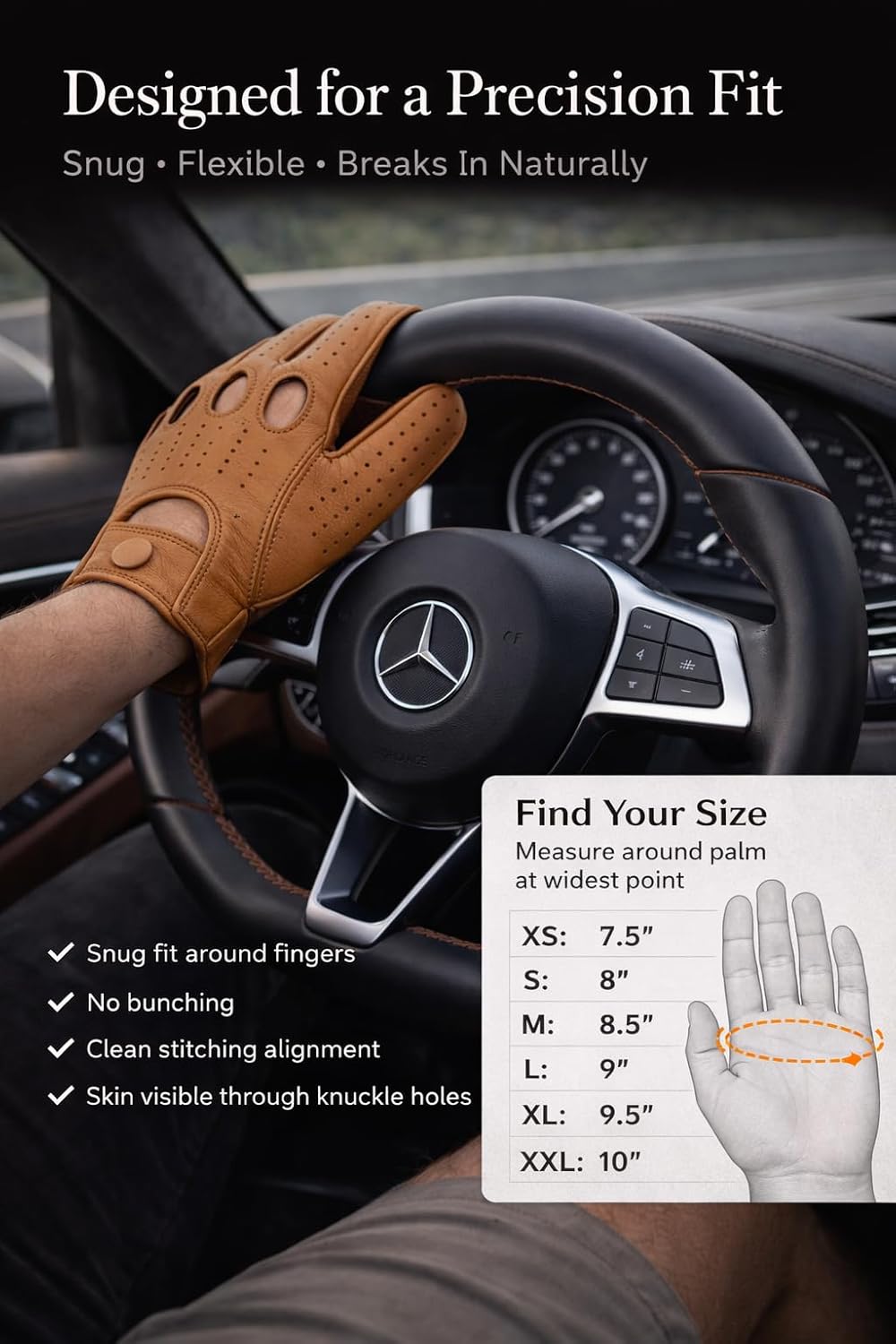 Riparo Men’s Perforated Leather Driving Gloves – Cognac Genuine Cowhide – Full-Finger Classic Motoring Style, Breathable Luxury Gloves (X-Large, Tan)