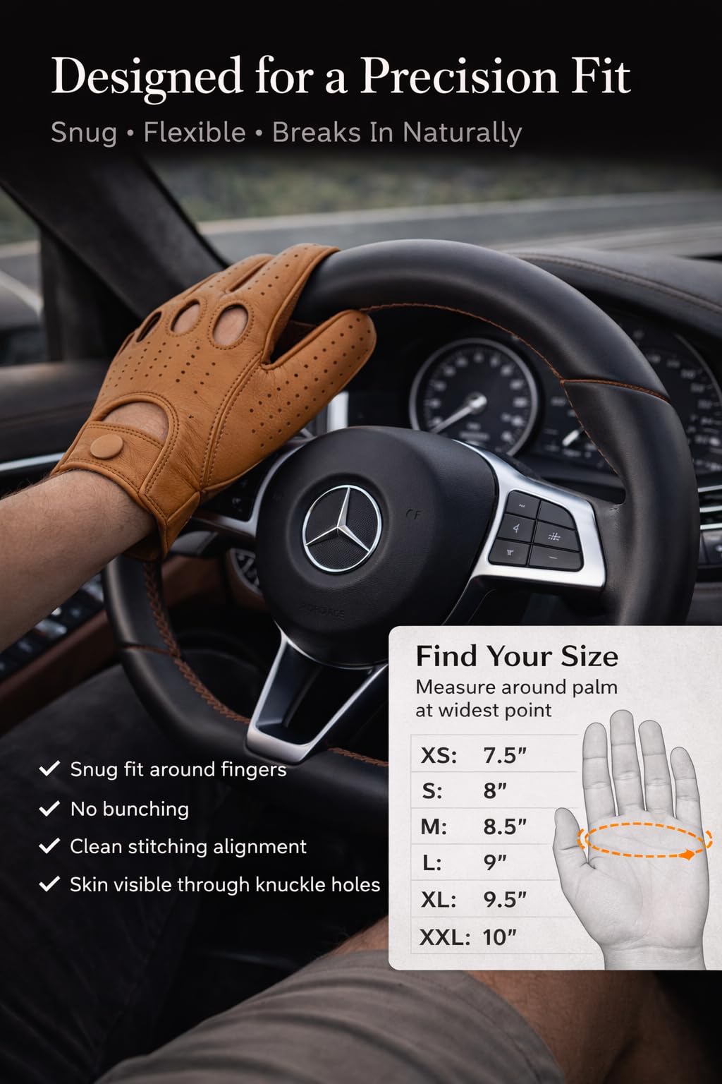 Riparo Gants de Conduite Automobile en Cuir Riparo pour Hommes Gants en Cuir à Doigts complets (M, Cognac)