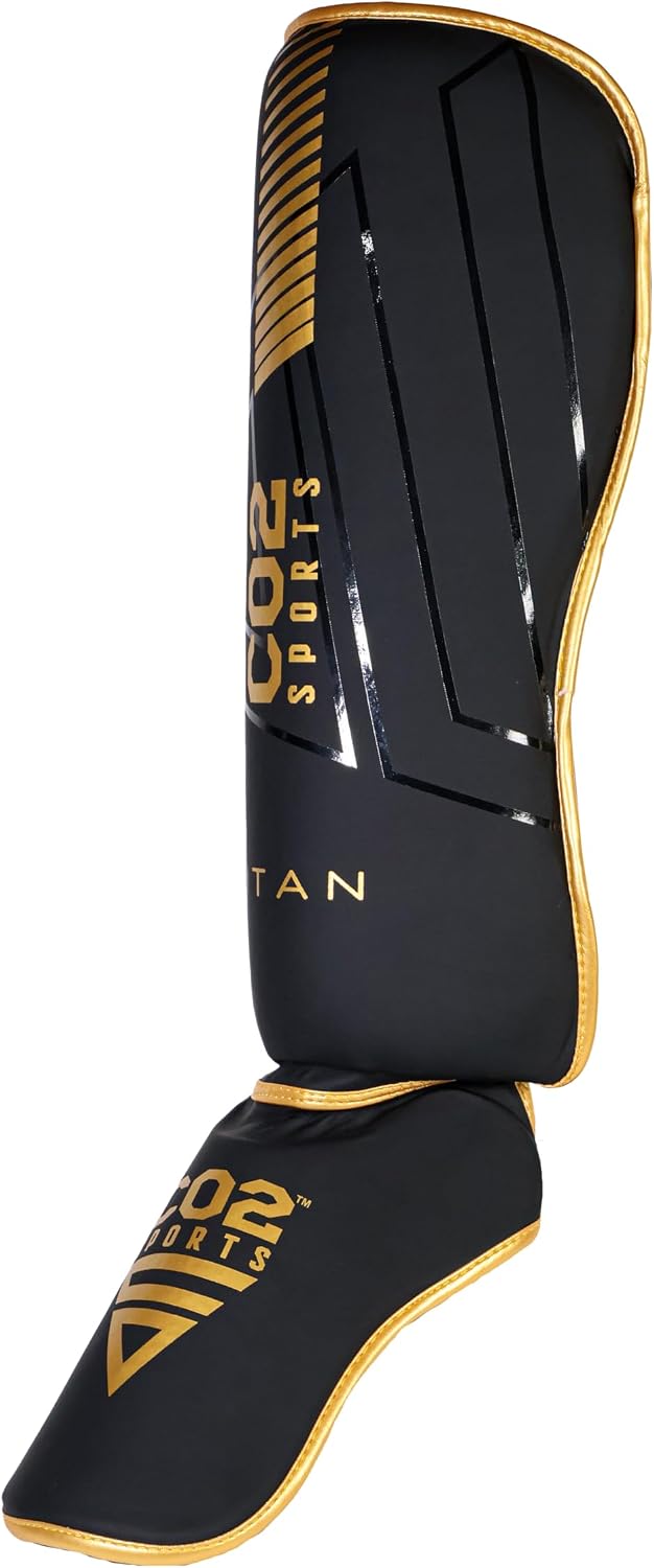 Titan Shin Guards, Padded Kickboxing Leg Guards with Instep Protection, Black/Gold, MMA Training Equipment