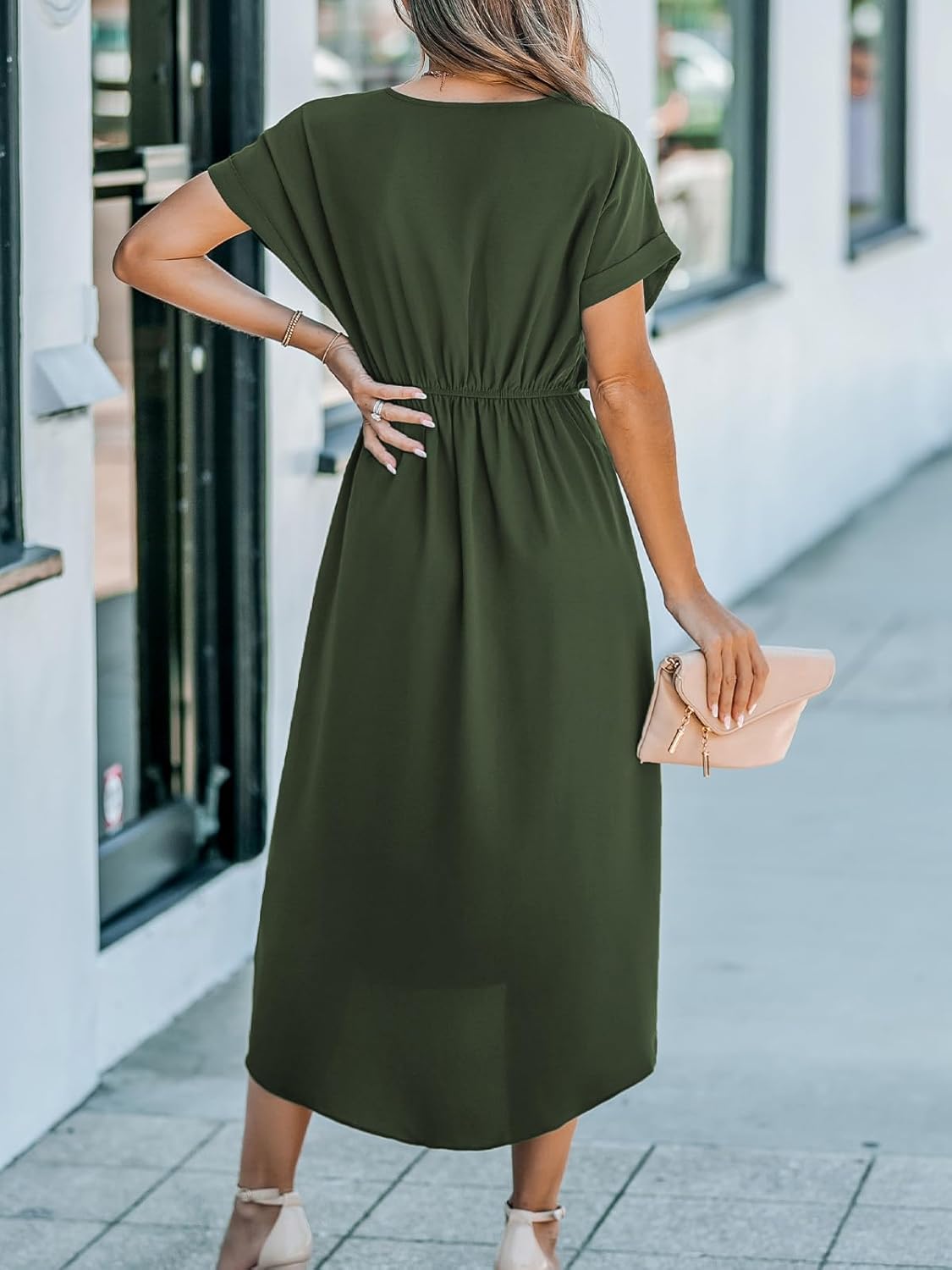 CUPSHE Women's V Neck Wrap Dress Twisted Slit Pleated Waist Tie Short Sleeve Summer Midi Dresses - Image 2