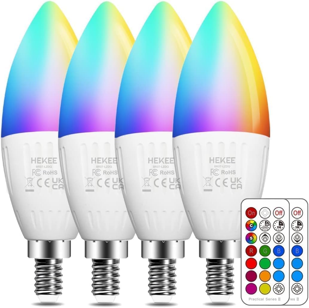 HEKEE E14 Led Lampe 5W (ersetzt 40W), Kerze Glühbirnenm, RGBW mit Fernbedienung Kaltweiß 5700K Ambiente RGB Farbwechsel Farbige (4er-Pack)