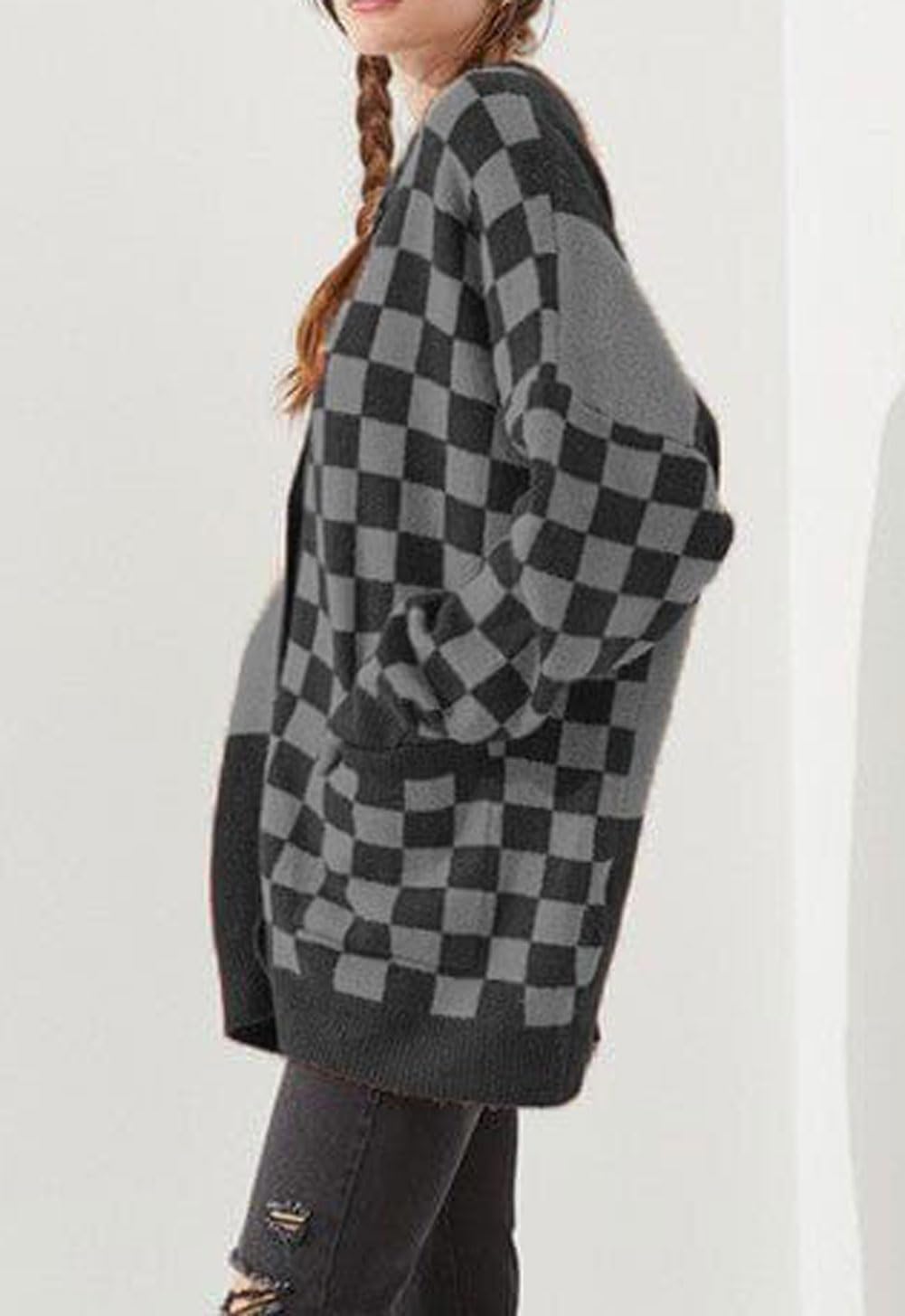 CHARTOU Women Slouchy Checkered Cardigan Oversized Open Front Cardigan Sweater Plaid Knit Outwear Coat - Image 4