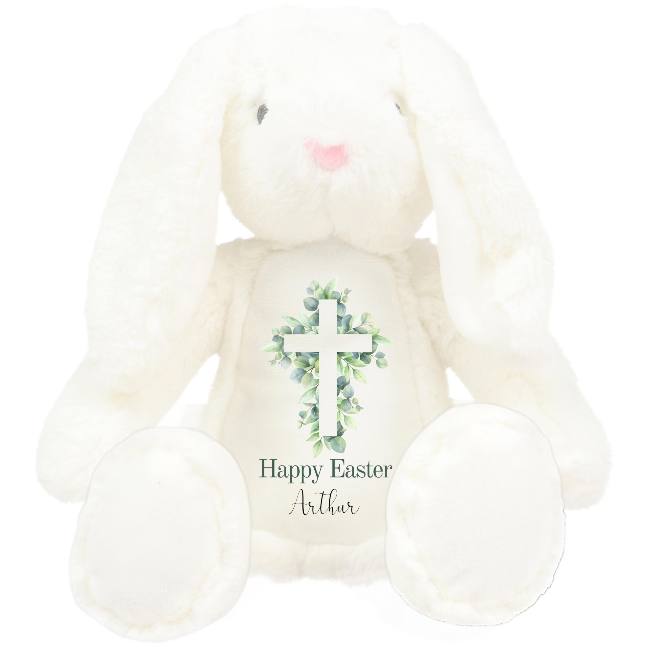 HotScamp Personalised Easter Bunny with Name - Happy Easter Cross Leaves Christian Jesus - Soft Toy for Baby, Toddler, Children, Kids, Babies Spring Time - White Bunny — image 1