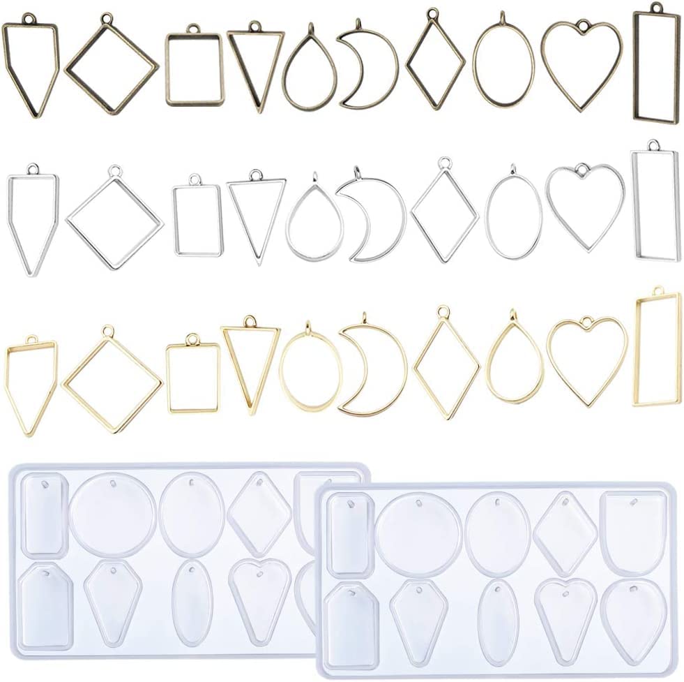 32 Pieces Open Bezel Pendants for Resin, with Silicone Molds, 10 Styles Assorted Metal Geometric Hollow Frame Pendant Blanks Charms Craft Bezels Jewelry Molds for Earrings, Necklace, Making Supplies