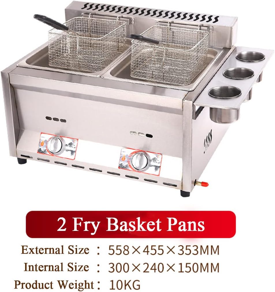 Fryer Commercial Countertop Gas Fryer, Stainless Steel Deep Fat Fryer Restaurant Home Fries Chip with Seasoning Trough (DoublePot)