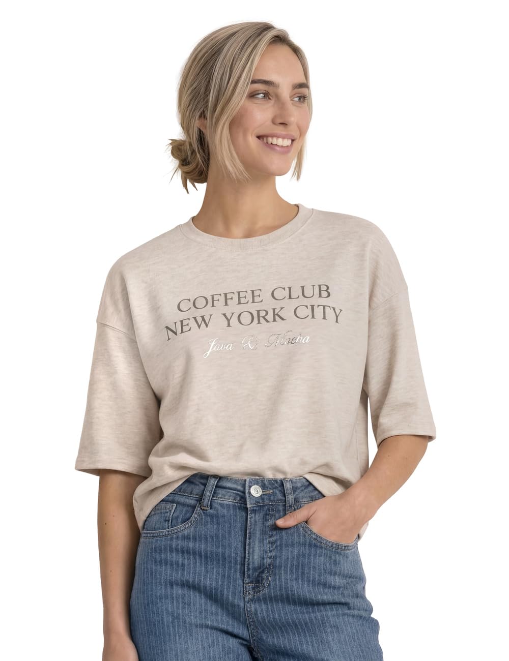 Street One Short-Sleeved Sweatshirt with Wording Clay Sand Mel. 38