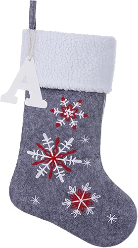 Calcetines de Navidad con monograma de madera personalizado de 19.5 pulgadas, calcetines colgantes de copo de nieve bordados para decoración
