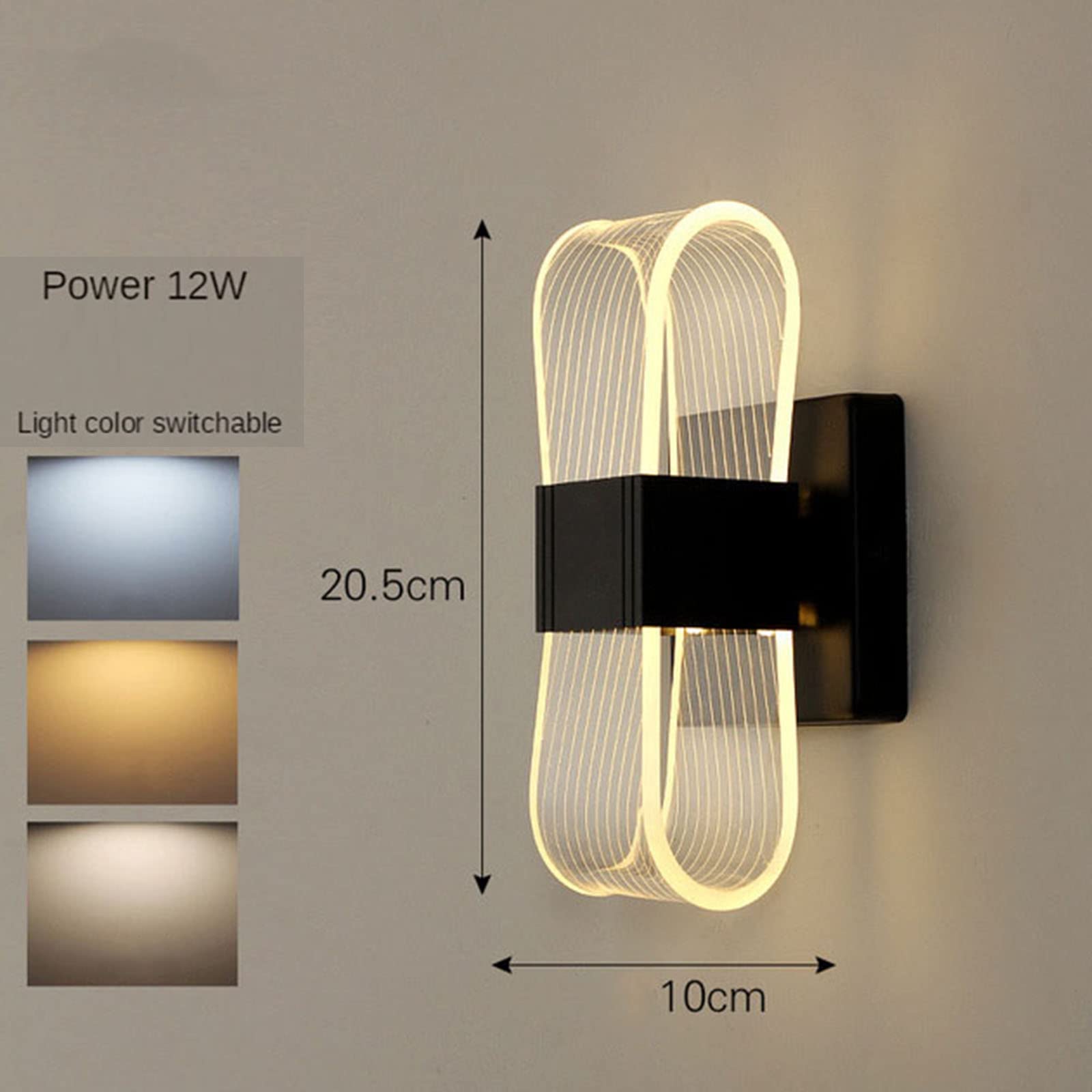 Lámpara De Pared Interior, Luz LED Tricromática Moderna 12W / 24W 220V Dormitorio Pasillo Escaleras Lámpara De Pared De Cabecera, 10cm * 20.5cm,Negro,B
