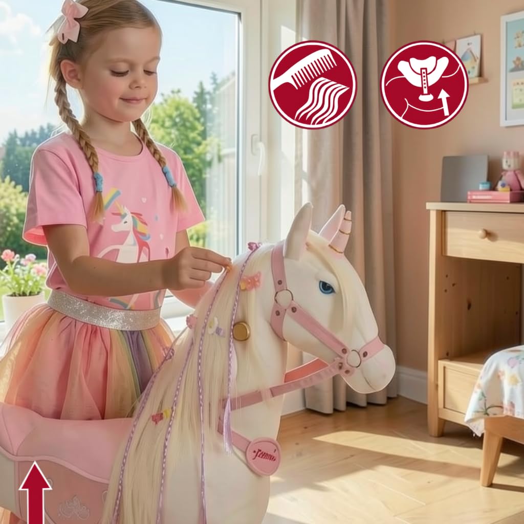 PONNIE Einhorn mit Rollen Unicorn S für Kinder 3–6 J (30 kg) – Ohne Batterie – Mitwachsend Dank höhenverstellbarer Steigbügel – Kämmbar, mit abnehmbarem Rosa Sattel – drinnen&draußen – 87 cm