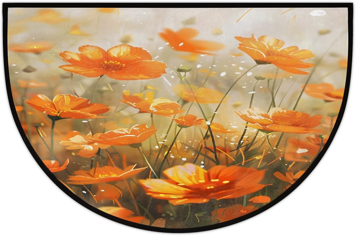 Half Round Door Mat Flower Orange Half Moon Rug Washable Half Circle Area Rugs Indoor Entrance Non Slip Semi Circle Bathroom Rugs Floor Carpet for Kithen Bedroom Fireplace Decor