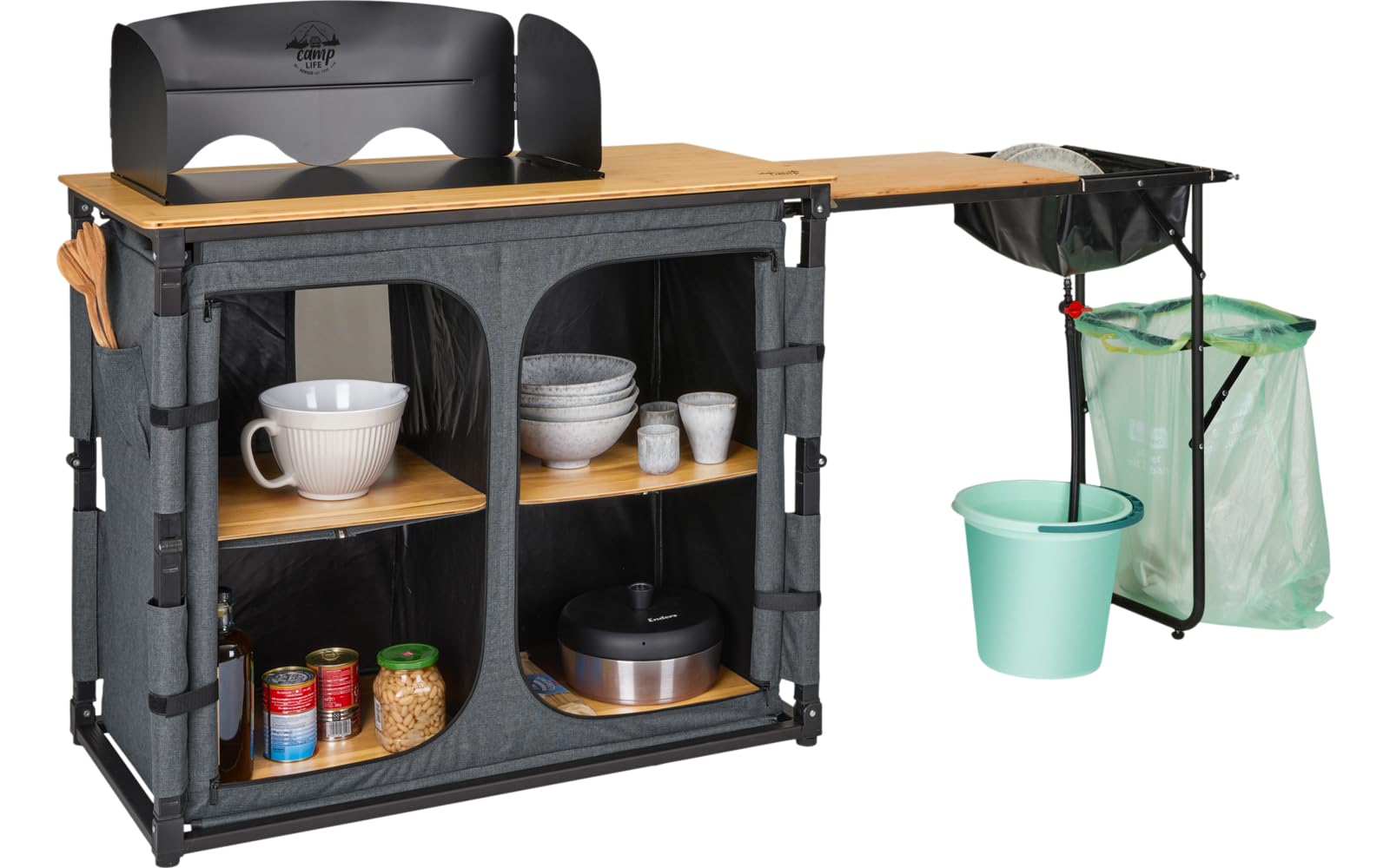 camp LIFE Küchenbox Varna | Klappbare Campingküche Reiseküche Campingschrank mit Spülbecken & Windschutz | Outdoor Küchenschrank Camping Küche Miniküche für Wohnmobil, Zelt & Vorzelt